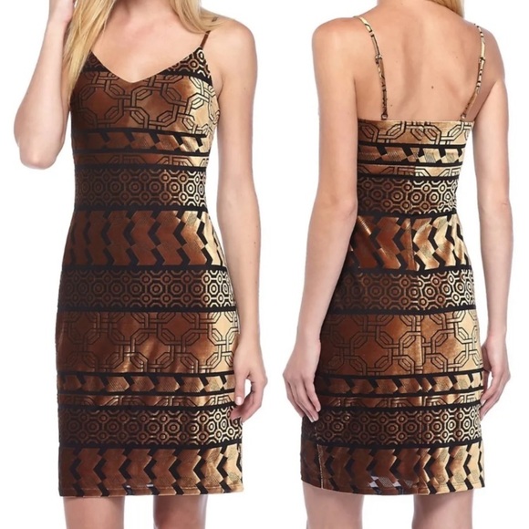 NWT NICHOLE MILLER BLACK/BRONZE VELVET BURNOUT AZTEC PRINT SPAGHETTI STRAP DRESS - Picture 1 of 16